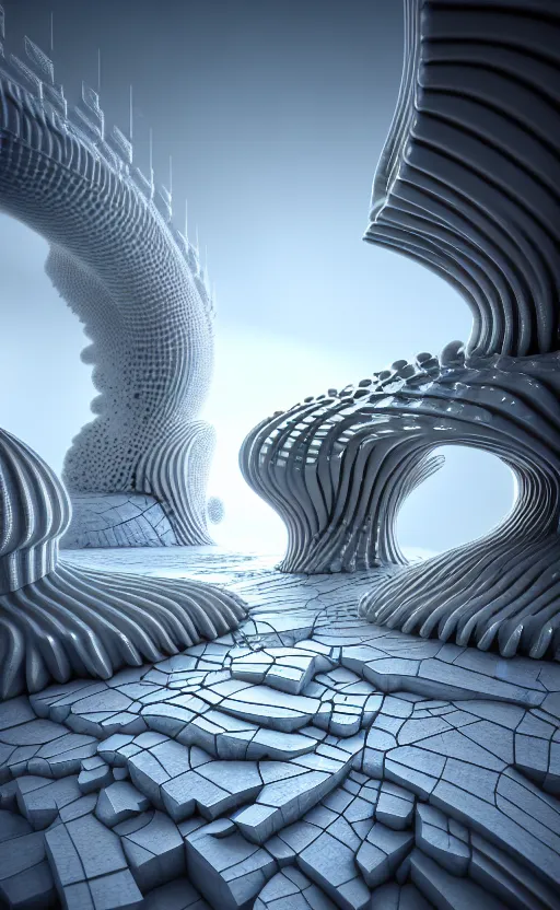 Image similar to highly detailed 3 d render cinematic composition of a white fractal fluid sci - fi architecture landscape, surreal, stone, magnesium, archviz, vincent callebaut composition, mamou - mani, beautiful lighting, hyper detailed, 8 k, unreal engine, hdr, dof