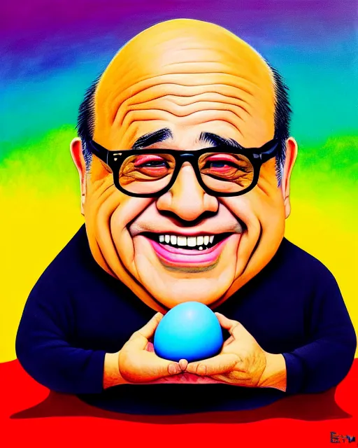 Image similar to painting portrait of danny devito as an egg, cartoon, warm lighting, danny devito has an egg body, movie poster, illustration by bartek fedyczak, erak note, tooth wu, neil richards, kan liu, siwoo kim, jisu choe, trending on art station