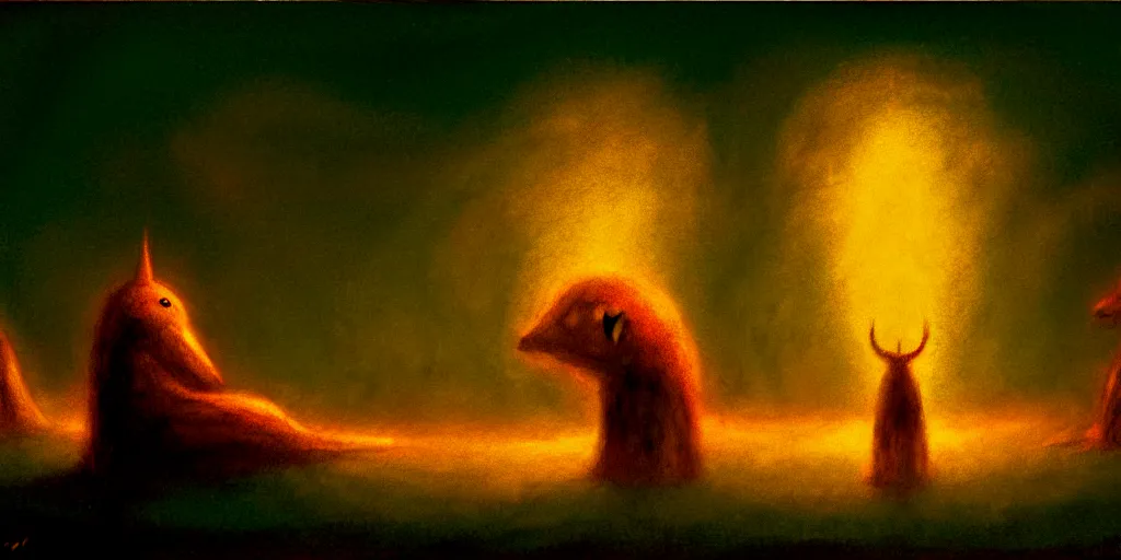 Image similar to creatures lurking in the collective unconscious, dramatic lighting from warm fire glow, in a dark surreal painting by ronny khalil