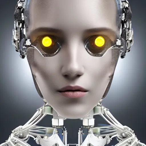 Image similar to beautiful centered fine art photo portrait of romantic beautiful girl with solarpunk robotic humanoid metal mechanical parts with led lights, pudica pose, photorealistic, white background, highly detailed and intricate, soft box lighting, hdr 8 k