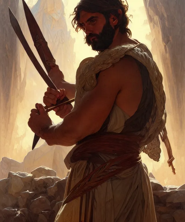 Image similar to portrait of biblical cain holding a spear, intricate, headshot, highly detailed, digital painting, artstation, concept art, sharp focus, cinematic lighting, illustration, art by artgerm and greg rutkowski, alphonse mucha, cgsociety