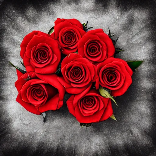 Image similar to red roses, laying on a vinyl record, dark photo, faded, noir