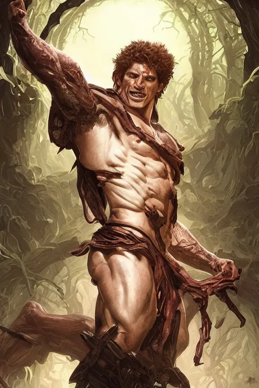 Image similar to portrait of seth green as a very pale hulking herculean demon, forest, godlike, full body, fantasy, intricate, elegant, highly detailed, digital painting, artstation, concept art, sharp focus, illustration, art by artgerm and greg rutkowski and alphonse mucha