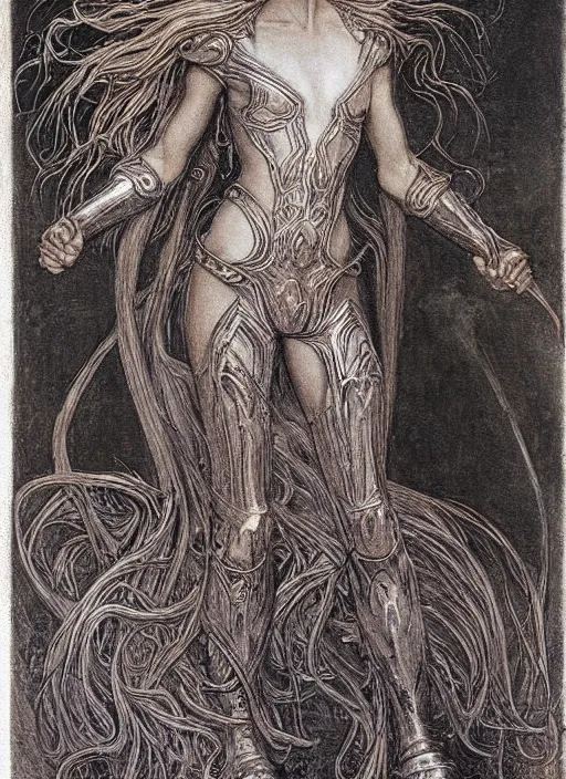 Prompt: malenia from elden ring drawn by jean delville, armor, red hair