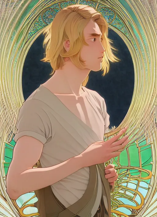 Image similar to pretty young man with shoulder length blond hair, male, half body shot, path traced, highly detailed, high quality, digital painting, by studio ghibli and alphonse mucha, leesha hannigan, hidari, art nouveau, chiho aoshima