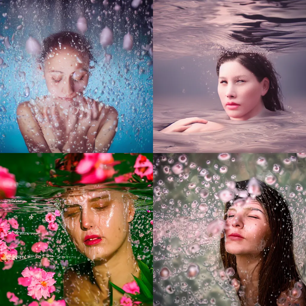 Prompt: portrait photography of a woman's face submerged in translucent milk water. flowers floating.