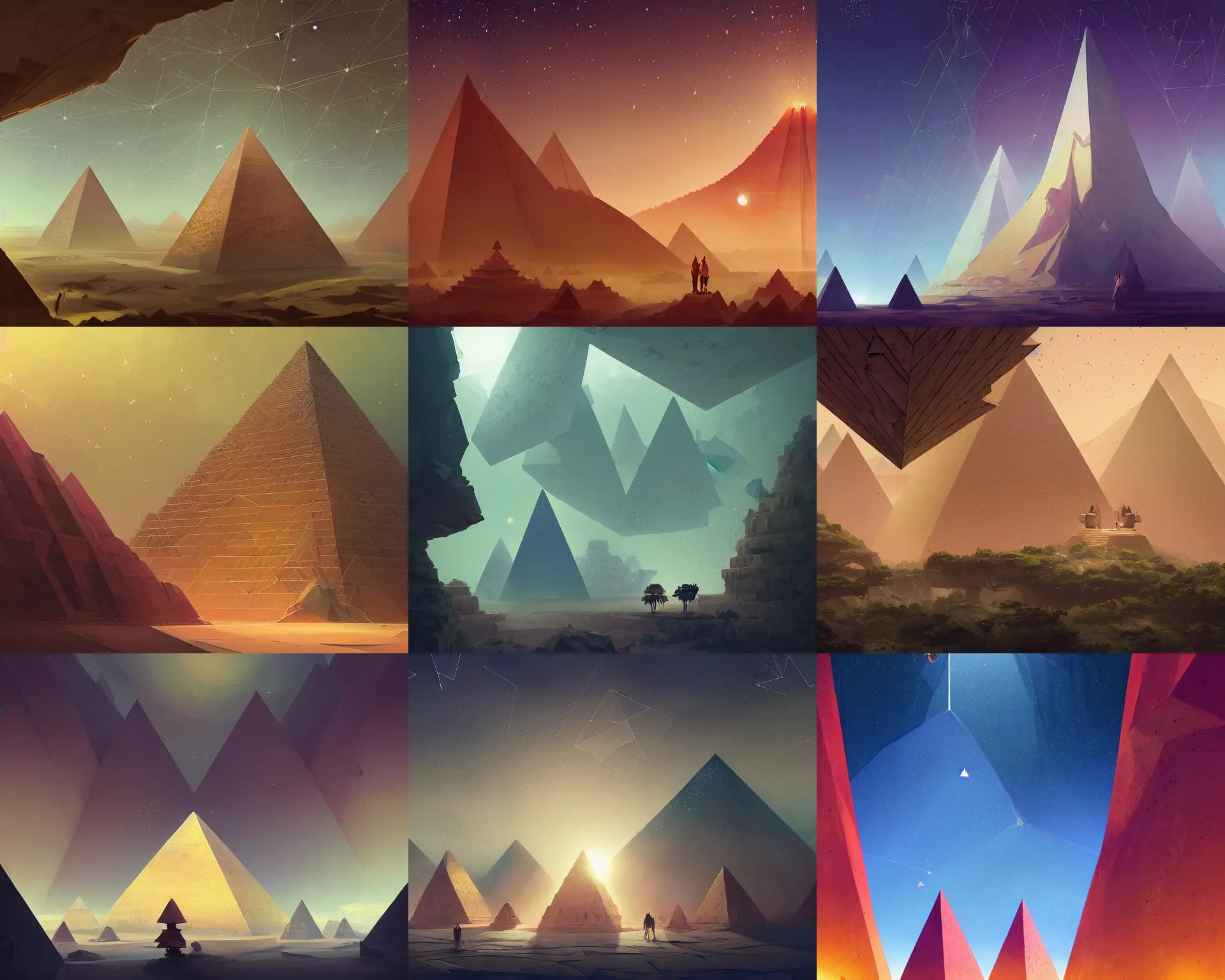 Prompt: polygonal pyramids of a lush desert with walls and glass ceilings showing the stars and hanging silk drapery and tapestries, light dust, magnificent, close up, details, sharp focus, elegant, highly detailed, illustration, by Jordan Grimmer and greg rutkowski and PiNe(パイネ) and 薯子Imoko and 香川悠作 and wlop and maya takamura, intricate, beautiful, Trending artstation, pixiv, digital Art