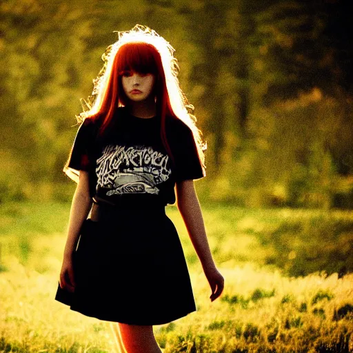 Image similar to female model teenage emo photography plaid skirt band shirt beautiful face, dramatic light darkroom