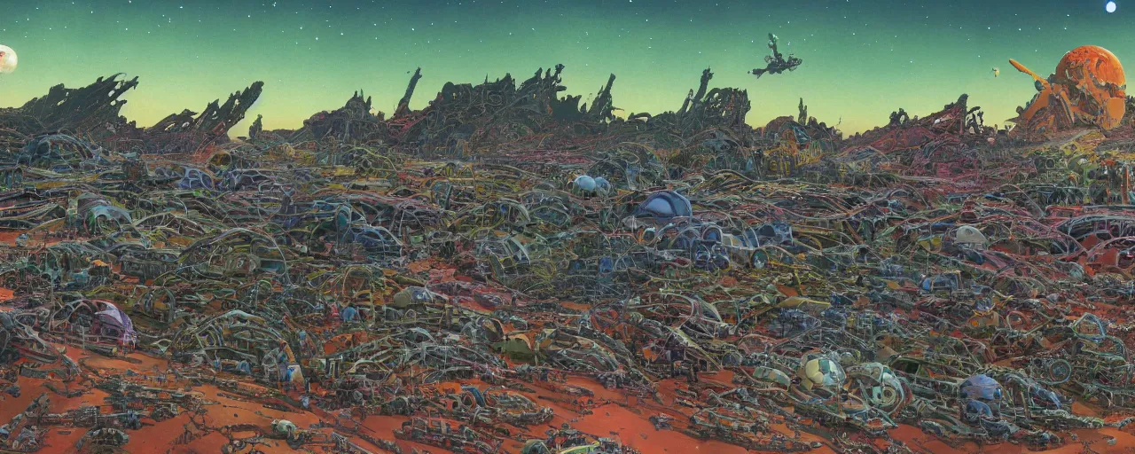 Image similar to illustration of a vast cosmic junkyard on a barren world. the environment is cluttered with colourful old broken sci fi vehicles. Landscape image showing a huge tangle of junk with a vast shipwrecks by roger dean. a distant mountain and stars in the sky. Moebius & Jean-Claude Mézières. digital painting. extremely detailed science fiction art. high resolution image.