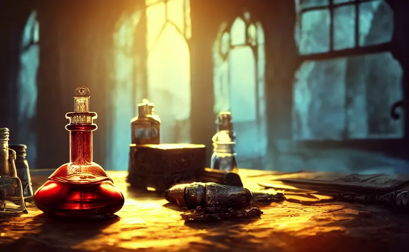 Image similar to a magic potion bottle on an alchemists table, dynamic lighting, ambient lighting, atmospherical, photorealistic fantasy concept art, trending on art station, stunning visuals, creative, cinematic, ultra detailed