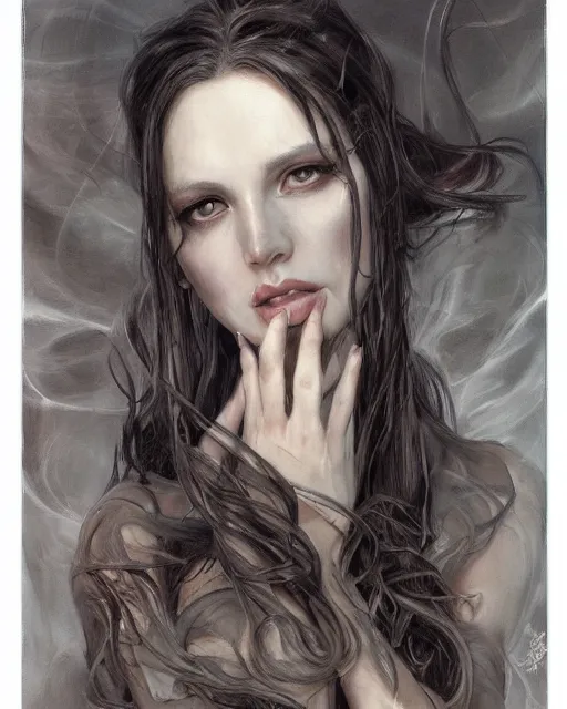 Prompt: portrait photo of demon girl by donato giancola, dreamy and ethereal, expressive pose, big black eyes, exciting expression, fantasy, intricate, elegant, dark and moody smoke, highly detailed, digital painting, artstation, concept art, smooth, sharp focus, illustration