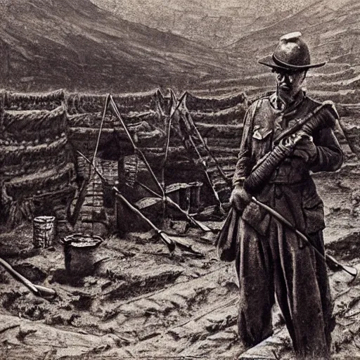 Image similar to ultra detailed photorealistic sepia - toned photograph from 1 9 1 7, a british officer in field gear standing at an archaeological dig site near petra jordan, ultra realistic, painted, intricate details, lovecraft, atmospheric, dark, horror, brooding, highly detailed, by angus mcbride