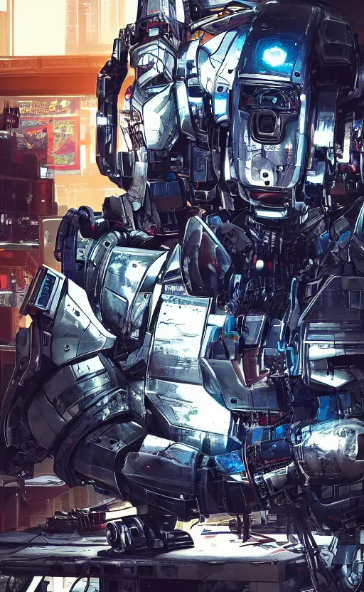 Image similar to a closeup shot of a robot being repaired in warehouse,cyberpunk,2077,big mecha,gundam,8k,high detailed,comic style,manga,epic