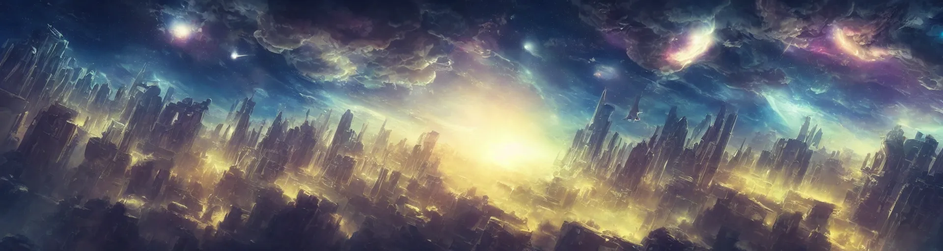 Image similar to city floating in space, lots of spacecraft flying to and from. beautiful nebulae clouds. detailed fantasy art. concept art. dramatic lighting.