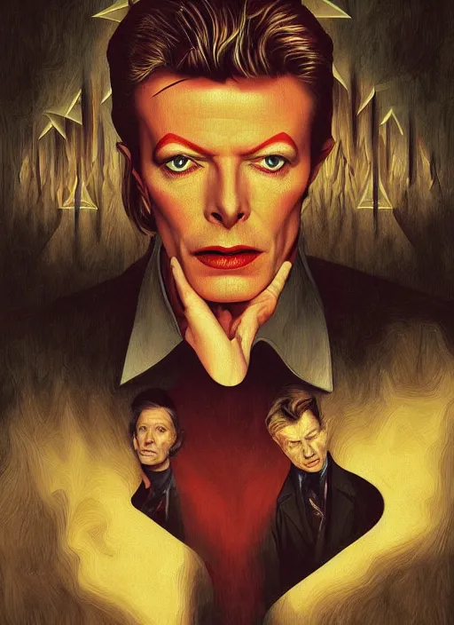 Image similar to twin peaks poster art, portrait of david bowie lost in the maze, other dimension, this is his fate for the next two years, by michael whelan, rossetti bouguereau, artgerm, retro, nostalgic, old fashioned