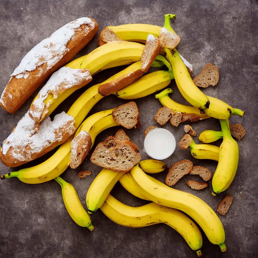 Prompt: bananas and bread bundled together with a paper banderole