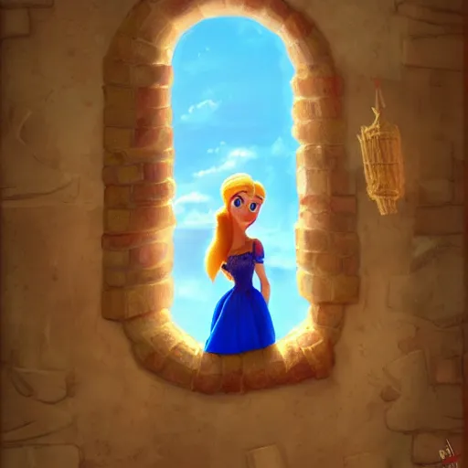 Image similar to rapunzel sadly looking out tower window, artstation, pixar.