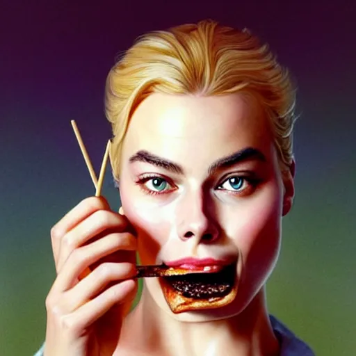 Image similar to portrait of a Margot Robbie eating a hamburger, extra onions and ketchup, luscious patty with sesame seeds, masculine, handsome, D&D, fantasy, intricate, elegant, highly detailed, digital painting, artstation, concept art, matte, sharp focus, illustration, art by Artgerm and Greg Rutkowski and Alphonse Mucha