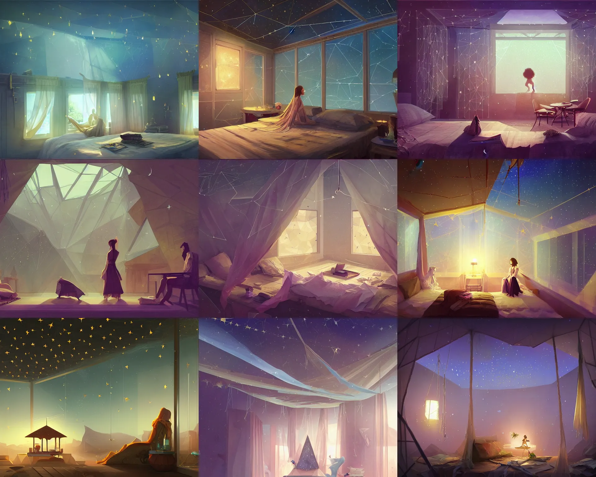 Prompt: polygonal motel of the oasis with walls and glass ceilings showing the stars and hanging silk drapery and tapestries, light dust, magnificent, close up, details, sharp focus, elegant, highly detailed, illustration, by Jordan Grimmer and greg rutkowski and PiNe(パイネ) and 薯子Imoko and 香川悠作 and wlop and maya takamura, intricate, beautiful, Trending artstation, pixiv, digital Art