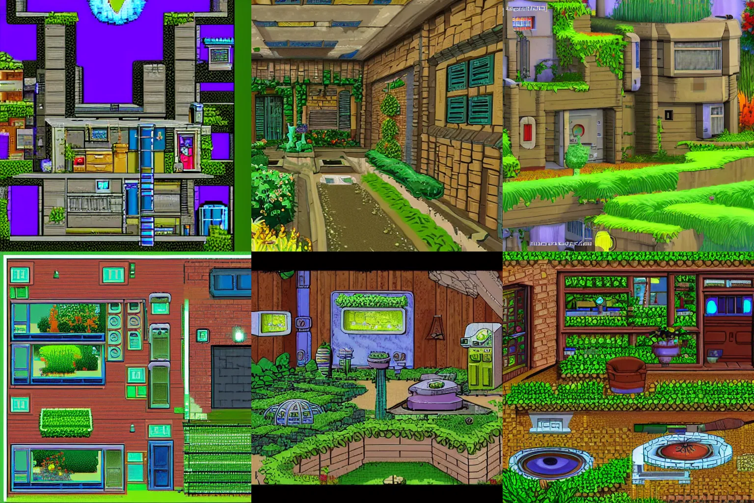 Prompt: a house with a garden, from a space themed Lucasarts graphic adventure game made in 1999