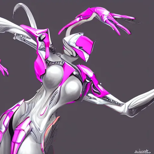 Image similar to ant pov from the floor, looking up, at a highly detailed, exquisite and beautiful giant female warframe, standing elegantly, shining reflective off-white plated armor, slick elegant design, bright Fuchsia skin, sharp claws, close full body shot, epic cinematic shot, realistic, professional digital art, high end digital art, DeviantArt, artstation, Furaffinity, 8k HD render, epic lighting, depth of field