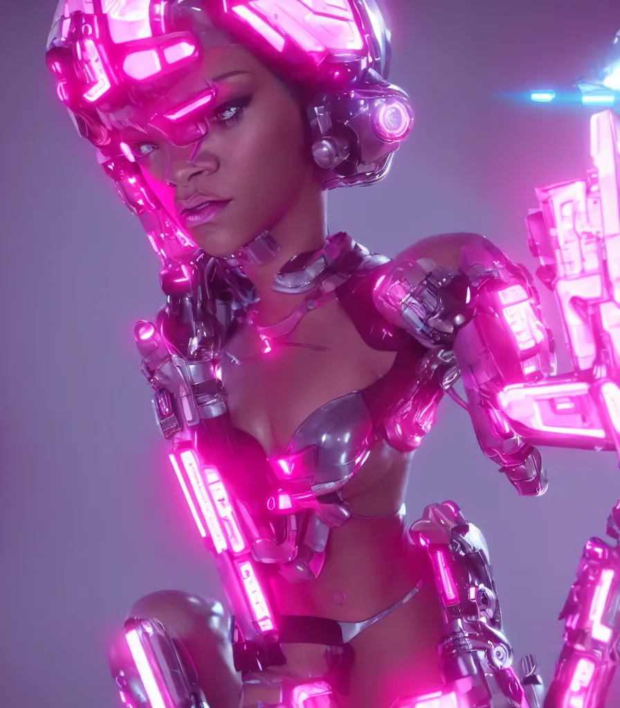 Image similar to cinematic, photography, a beautiful rihanna cyborg, perfect bionic body, pink chrome armor, neon holographic ui data displays, pink space gun, hajime sorayama, masamune shirow, octane rendered, 4 k, lens flare,