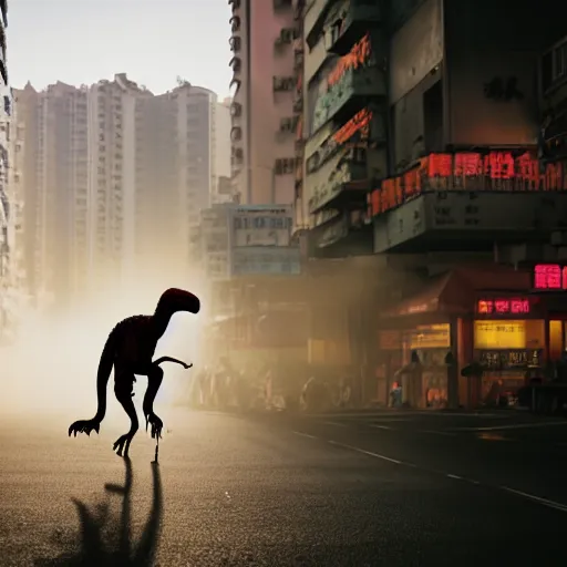 Prompt: a velociraptor walking through kowloon, hong kong. sunbeams, cinematic shot