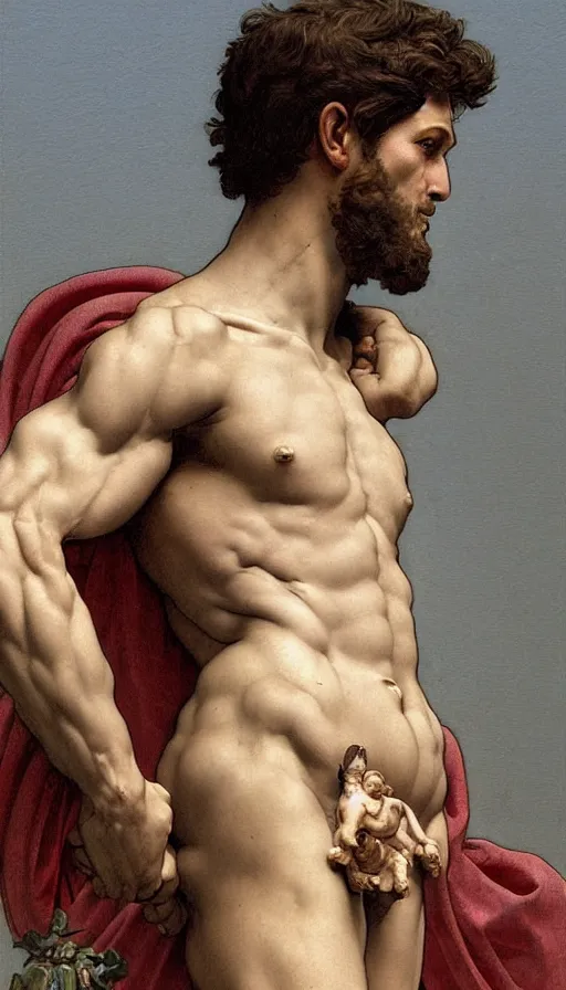 Image similar to Michelangelo\'s David, highly detailed, digital painting, artstation, concept art, smooth, sharp focus, illustration, ArtStation, art by artgerm and greg rutkowski and alphonse mucha and J. C. Leyendecker and Edmund Blair Leighton and Katsuhiro Otomo and Geof Darrow and Phil hale and Ashley wood and Ilya repin and Charlie Bowater