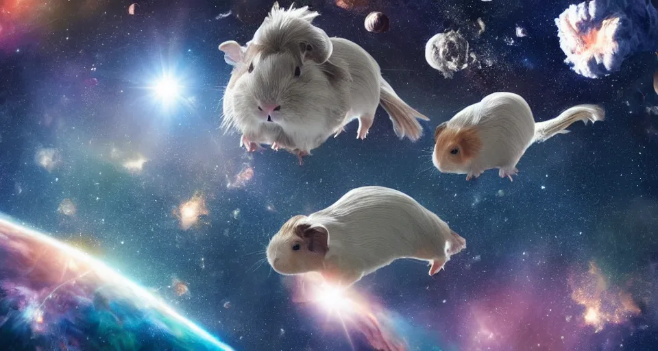 Prompt: ultra realistic guineapigs floating in space suits floating in space, 4 k, 8 k, nebula, universe, many stars, space station