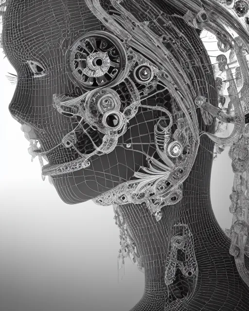 Image similar to mythical dreamy black and white organic bio-mechanical spinal ribbed profile face portrait detail of translucent steampunk bio-mechanical beautiful female angelic-human-queen-vegetal-cyborg, highly detailed, intricate crystal jelly ornate, poetic, 3D render, digital art, octane render, 8K artistic photography, photo-realistic, by Dora Maar