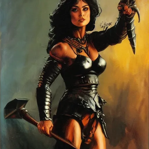 Prompt: a frank frazetta oil painting of selina gomez as a beautiful muscular salma hayek wearing black armor holding a large battle axe, dynamic shot, hd 4 k, intricate, highly detailed, atmospheric, sharp