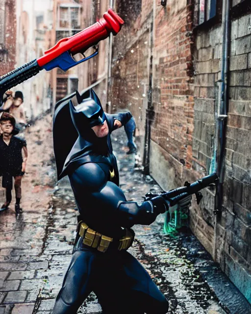 Image similar to happy batman firing super soaker water gun in an alleyway, everyone having fun, toy product advertisement, photography