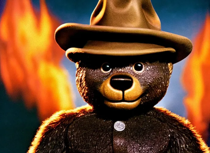 Image similar to publicity photo still of smokey the bear on tour with ozzy osborne live on stage, 8 k, live concert lighting, mid shot