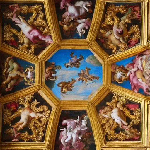 Prompt: A baroque painting of dogs running in fields of flowers, painted on the ceiling of a basilica by Michelangelo, gold and red color palette