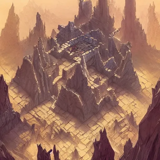 Image similar to dungeon map board concept d & d cave, desert, vulcanic ground, monument, tribal hollows and build. hyper detailed, fantasy style art, highly detailed, digital painting, artstation, concept art, smooth, sharp focus, illustration, art by artgerm and greg rutkowski and alphonse mucha