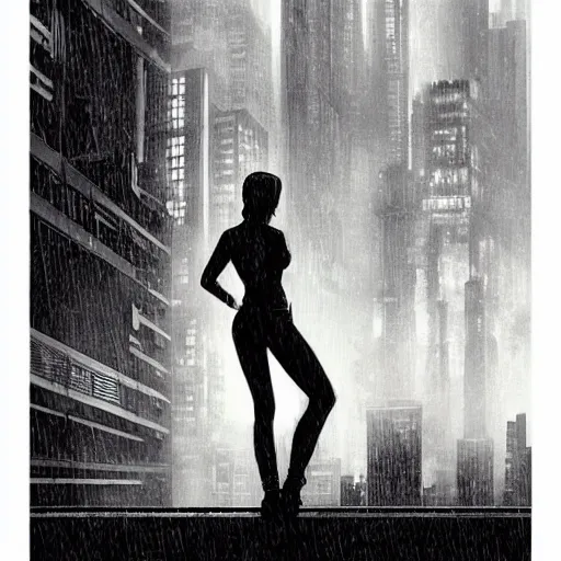 Prompt: “ girl standing on a roof looking down at a foggy futuristic new york city below, ghostpunk, blade runner, cyberpunk, storm clouds, very detailed, by mike deodato ”