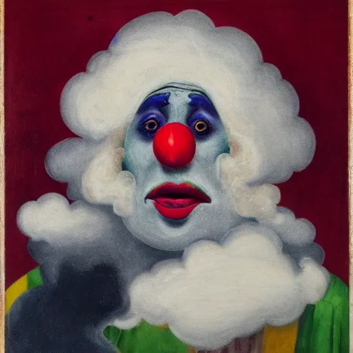 Image similar to A portrait of a crying clown with clouds on the background