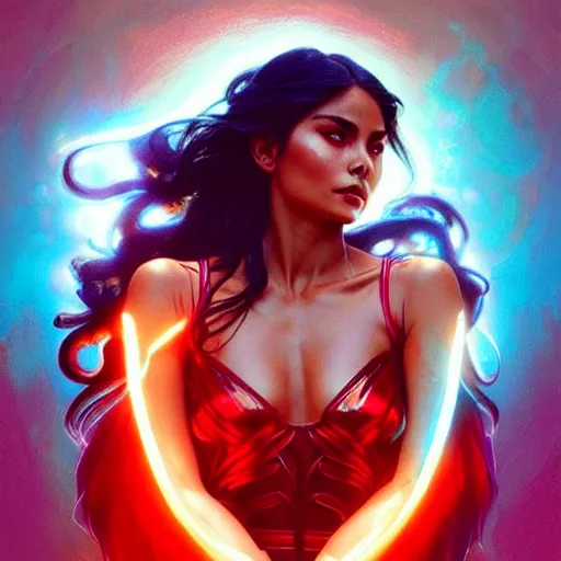 Image similar to lovi poe as darna, volumetric lights, red and cyan theme, art nouveau botanicals, intricate, highly detailed, digital painting, artstation, concept art, smooth, sharp focus, cinematic, illustration, beautiful face, art by artgerm and greg rutkowski and alphonse mucha