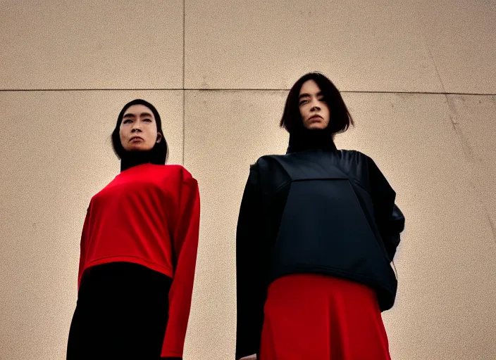 Image similar to cinestill 5 0 d closeup photographic portrait of two clones in front of a brutalist metal building, techwear women, on a desolate plain, red sky, black oversized clothes, depth of field, 4 k, 8 k, hd, full color