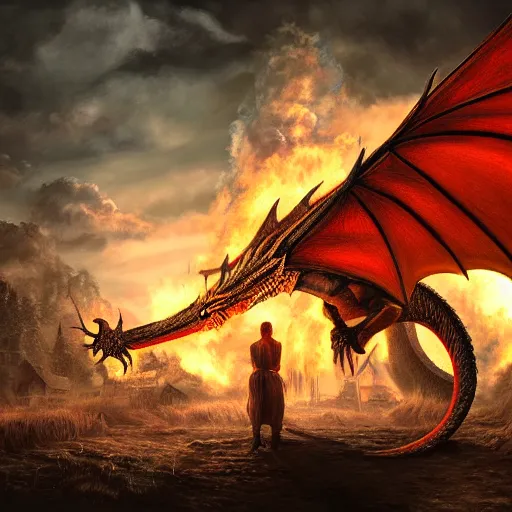 Image similar to photorealistic dragon portrait, burning village background