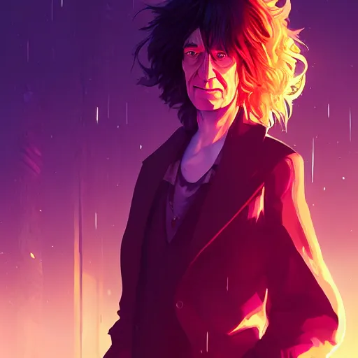 Image similar to portrait of Neil Gaiman as the Sandman, abandoned ruins landscape, night time, ambient lighting, 4k, anime key visual, lois van baarle, ilya kuvshinov, rossdraws, artstation