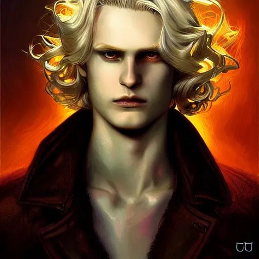 Image similar to digital art of a pale menacing male Cyborg Angel of Battle with fluffy blond curls of hair and piercing eyes, johan liebert mixed with Dante, central composition, he commands the fiery power of resonance and wrath, very very long blond curly hair, baroque curls, by James Gurney and Seb mckinnon and WLOP, Artstation, CGsociety