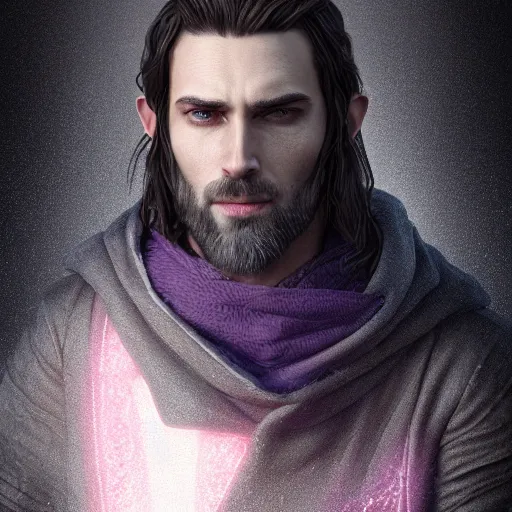 Image similar to a highly detailed portrait of a man with purple eyes, light gray long hair, beardless, without a beard, wearing a black cloak, artstation, DeviantArt, professional, octane render