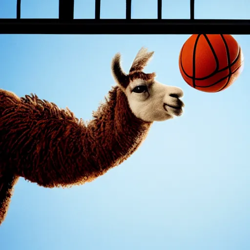 Image similar to film still of a llama dunking a basketball, low angle, extreme long shot, indoors, dramatic backlighting