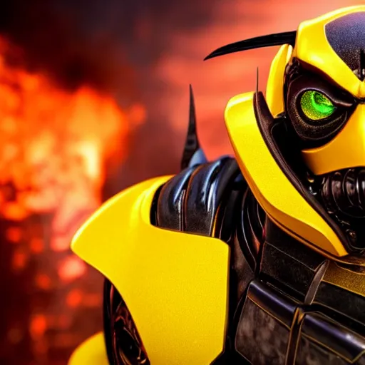 Image similar to still photo of bumblebee with fire eyes, highly detailed, photorealistic portrait, bright studio setting, studio lighting, crisp quality and light reflections, unreal engine 5 quality render