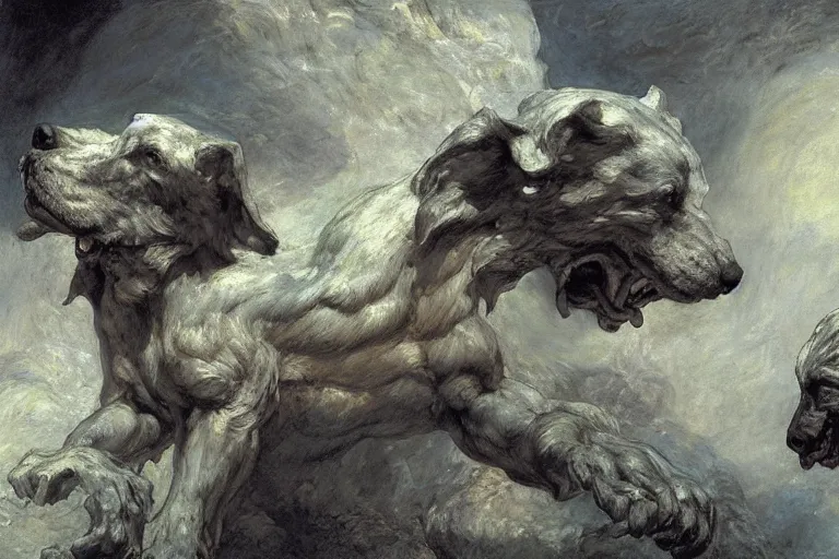 Image similar to hyperdetailed matte art of cerberus by william blake, ilya repin, amano, rene magritte, craig mullins, three headed dog, details