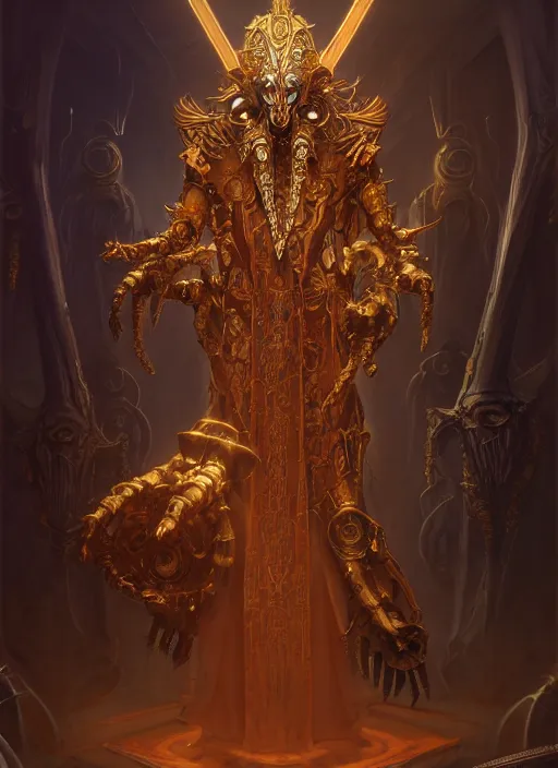 Image similar to slender high priest with dark and gold biomechanical robe, subsurface scattering, by jesper ejsing, justin gerard, tomasz alen kopera, cgsociety and fenghua zhong, highly detailed, rim light, cinematic lighting, illustration, art, octane render, very coherent, cinematic, hyper realism, high detail, octane render, 8 k