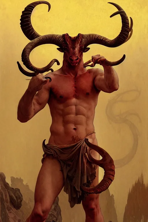 Image similar to portrait of a beautiful young fit male demon with ram horns, scaly torso and goat legs, hellish scene, by greg rutkowski and alphonse mucha, d & d character, gradient red to yellow, in front of an hellish landscape background, highly detailed portrait, digital painting, artstation, concept art, smooth, sharp focus ilustration, artstation hq