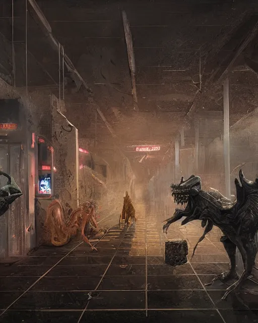 Prompt: a highly detailed epic cinematic concept art CG render digital painting artwork: A chess piece becoming conscious while a dark creature grins its teeth in a decayed gas station. volumetric lighting. By Greg Rutkowski, in the style of Francis Bacon and Syd Mead and Norman Rockwell and Beksinski, open ceiling, highly detailed, painted by Francis Bacon and Edward Hopper, painted by James Gilleard, surrealism, airbrush, Ilya Kuvshinov, WLOP, Stanley Artgerm, very coherent, triadic color scheme, art by Takato Yamamoto and James Jean