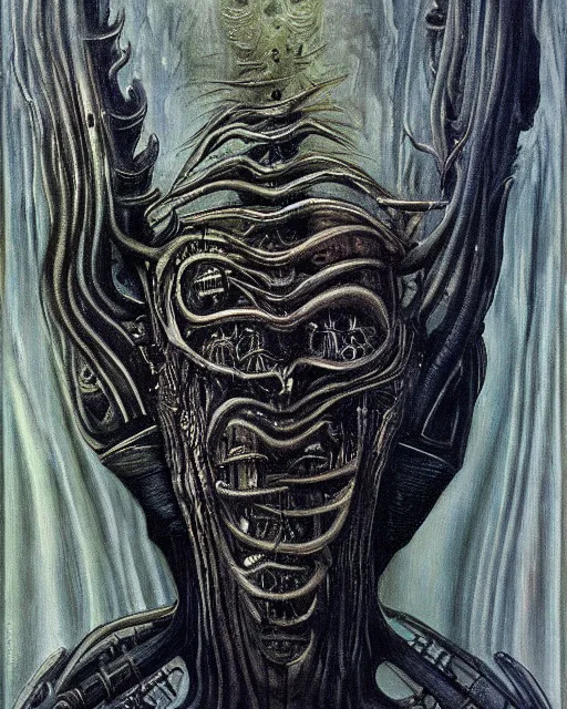 Prompt: a painting of a strange creature by h. r. giger